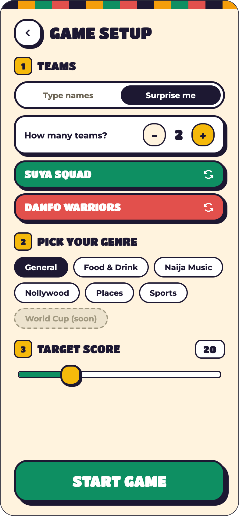 Game setup with genres